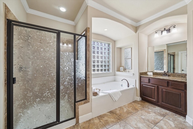 15718 Starcreek Ln, Houston, TX 77044 - full bath with a stall shower, a garden tub, vanity, ornamental molding, and recessed lighting