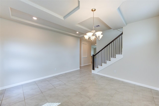 6531 Cody Mountain Trl, Richmond, TX 77407 - unfurnished room featuring a chandelier, stairs, a tray ceiling, recessed lighting, and baseboards