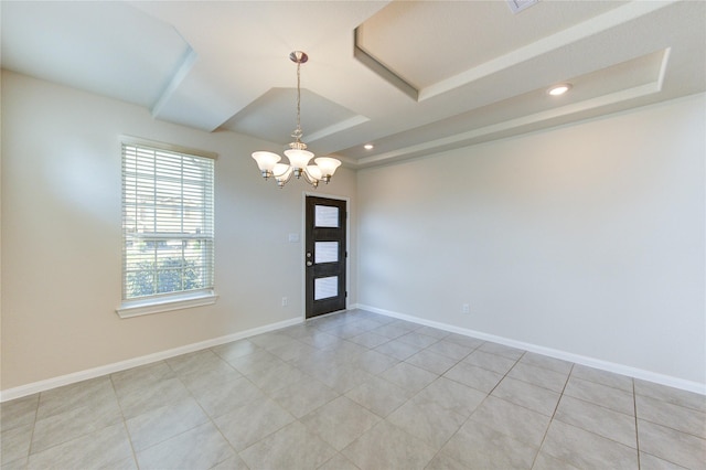 6531 Cody Mountain Trl, Richmond, TX 77407 - unfurnished room featuring a chandelier, light tile patterned flooring, recessed lighting, baseboards, and coffered ceiling