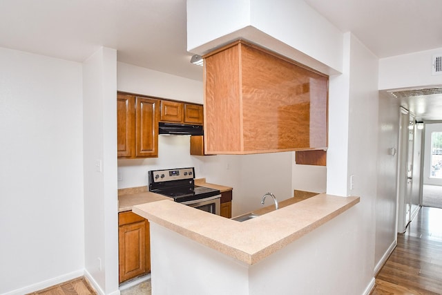 10100 S Gessner Rd Unit 308, Houston, TX 77071 - kitchen featuring stainless steel electric stove, under cabinet range hood, a sink, light wood-style floors, and light countertops