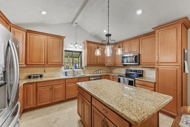 103 Whippoorwill Dr, Livingston, TX 77351 - kitchen featuring stainless steel appliances, a sink, backsplash, light stone counters, and recessed lighting