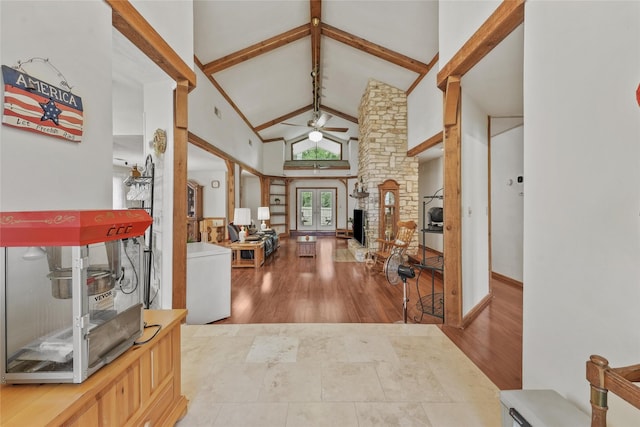 103 Whippoorwill Dr, Livingston, TX 77351 - foyer entrance with a ceiling fan, high vaulted ceiling, beam ceiling, and wood finished floors