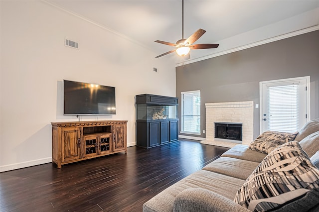 19426 Gladewater Dr, Tomball, TX 77375 - living area with ceiling fan, crown molding, hardwood / wood-style flooring, high vaulted ceiling, and baseboards