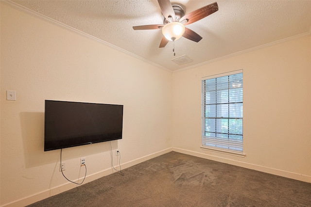 19426 Gladewater Dr, Tomball, TX 77375 - spare room with a textured ceiling, crown molding, a ceiling fan, dark carpet, and baseboards