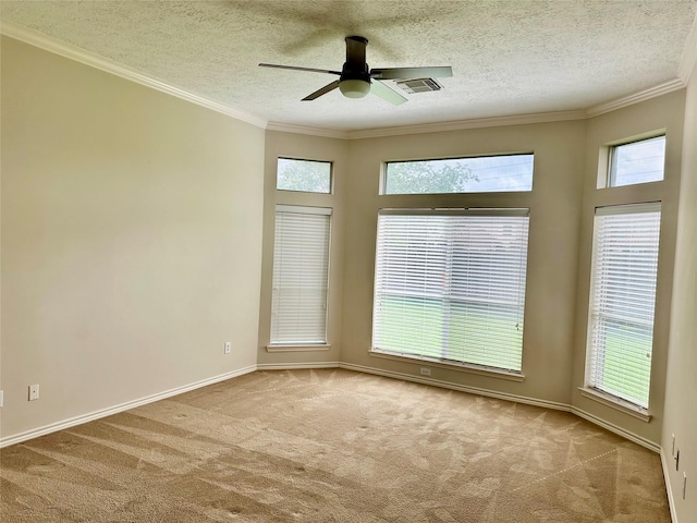 5035 Chappel Hill Dr, Missouri City, TX 77459 - empty room with carpet floors, a ceiling fan, healthy amount of natural light, a textured ceiling, and crown molding