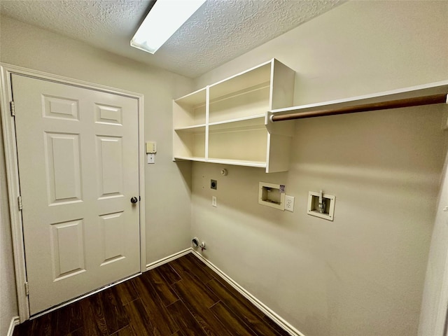 5035 Chappel Hill Dr, Missouri City, TX 77459 - washroom featuring hookup for a gas dryer, hookup for an electric dryer, washer hookup, a textured ceiling, and dark wood finished floors