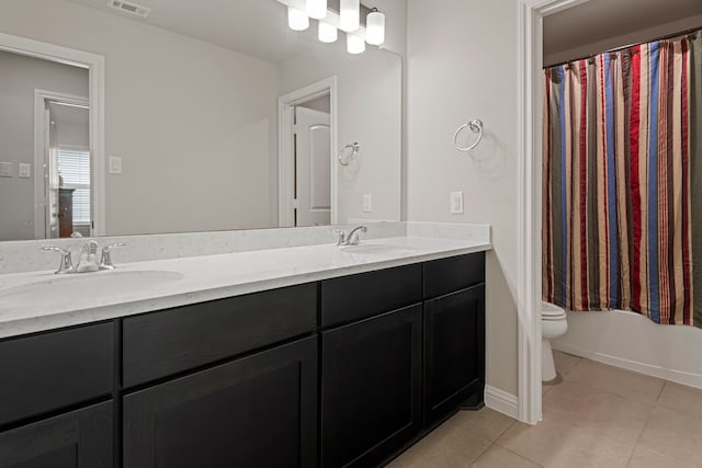 28228 Cedar Peak Dr, Spring, TX 77386 - full bathroom featuring tile patterned floors, toilet, double vanity, and shower / tub combo with curtain