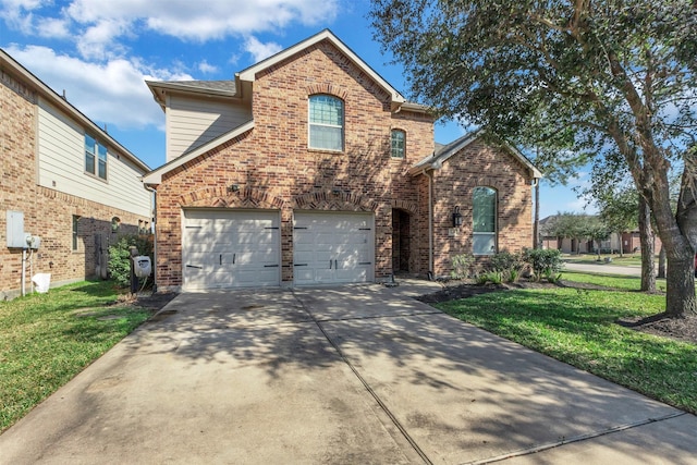 8106 Yarrow Dr, Cypress, TX 77433 - traditional-style house with brick siding, concrete driveway, a front lawn, and an attached garage