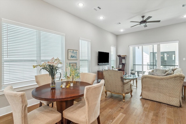 1407 W 23rd St, Houston, TX 77008 - dining space with light wood-type flooring, ceiling fan, and recessed lighting