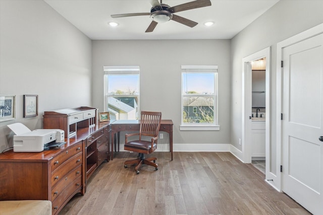 1407 W 23rd St, Houston, TX 77008 - office area featuring plenty of natural light, light wood-type flooring, ceiling fan, recessed lighting, and baseboards