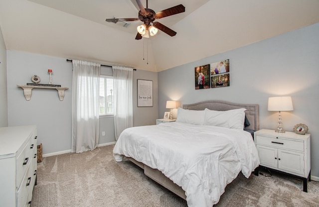 1918 Hollow Mist Ln, Pearland, TX 77581 - bedroom featuring light carpet, baseboards, vaulted ceiling, and a ceiling fan