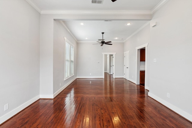 2604 Cochran St, Houston, TX 77009 - spare room with ceiling fan, crown molding, dark wood-style flooring, recessed lighting, and baseboards