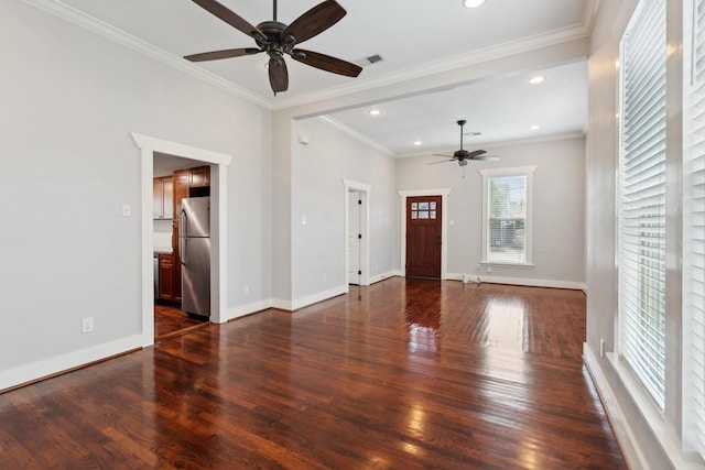 2604 Cochran St, Houston, TX 77009 - unfurnished living room featuring ceiling fan, dark wood finished floors, baseboards, recessed lighting, and crown molding