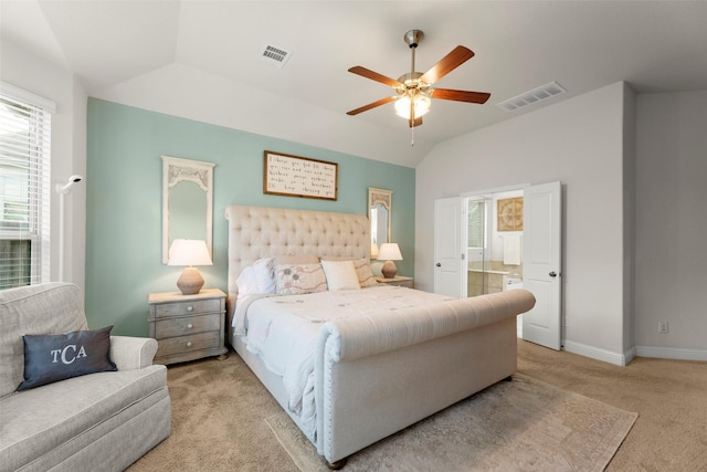 18731 Pilot Knolls Dr, Cypress, TX 77433 - bedroom featuring carpet, vaulted ceiling, baseboards, ensuite bathroom, and ceiling fan
