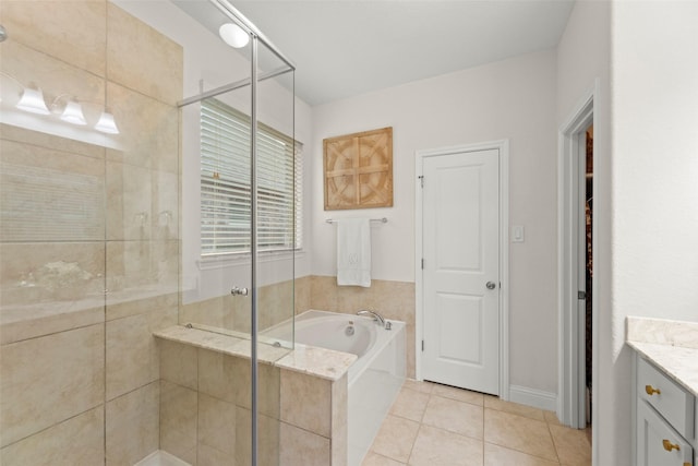 18731 Pilot Knolls Dr, Cypress, TX 77433 - full bath featuring a shower stall, vanity, a bath, and tile patterned flooring