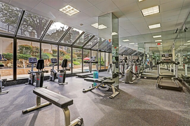 2001 Holcombe Blvd Unit Ph4, Houston, TX 77030 - gym with floor to ceiling windows and a paneled ceiling