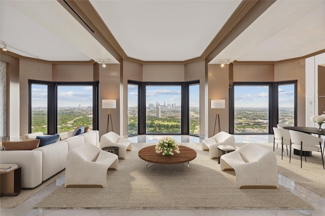 2001 Holcombe Blvd Unit Ph4, Houston, TX 77030 - living area featuring plenty of natural light, ornamental molding, and a city view