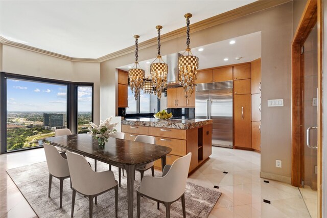2001 Holcombe Blvd Unit Ph4, Houston, TX 77030 - dining room featuring a chandelier, crown molding, light tile patterned floors, baseboards, and recessed lighting
