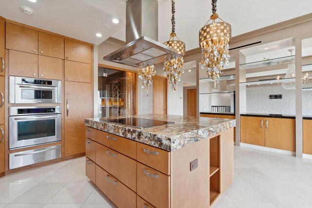 2001 Holcombe Blvd Unit Ph4, Houston, TX 77030 - kitchen with a warming drawer, island range hood, a kitchen island, black electric cooktop, and stone counters