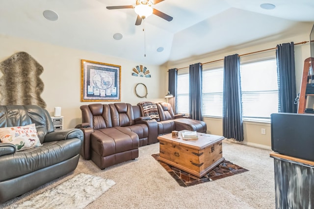 17915 Tall Chestnut St, Cypress, TX 77429 - living room with a ceiling fan, carpet floors, and vaulted ceiling