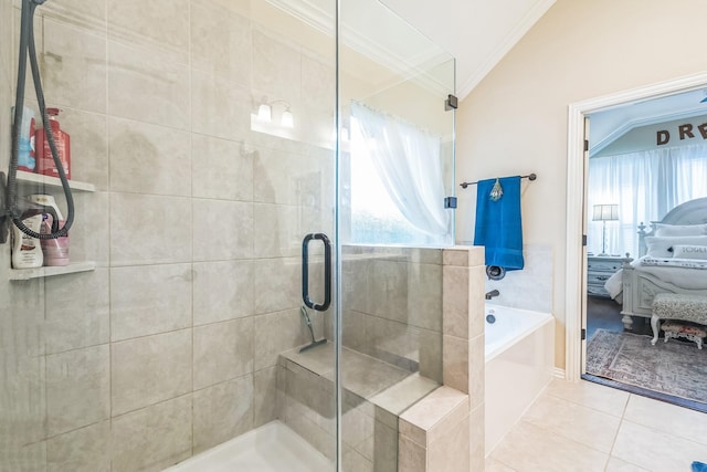 17915 Tall Chestnut St, Cypress, TX 77429 - full bath with ensuite bath, crown molding, a bath, tile patterned flooring, and a shower stall