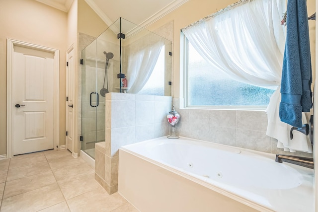 17915 Tall Chestnut St, Cypress, TX 77429 - full bathroom featuring crown molding, a whirlpool tub, a shower stall, and tile patterned floors