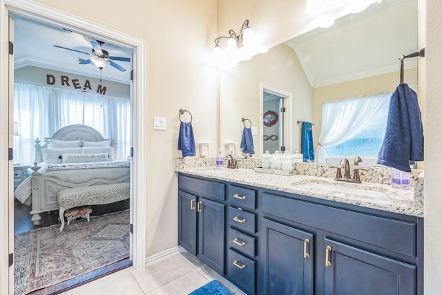 17915 Tall Chestnut St, Cypress, TX 77429 - ensuite bathroom with lofted ceiling, crown molding, double vanity, tile patterned floors, and a ceiling fan