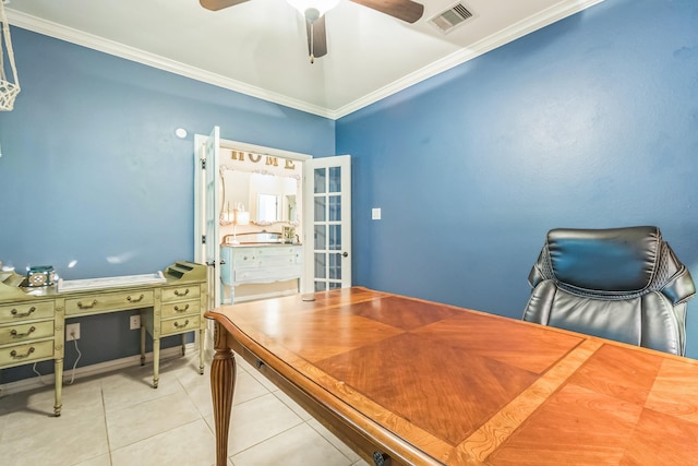 17915 Tall Chestnut St, Cypress, TX 77429 - tiled home office with crown molding, a ceiling fan, and french doors