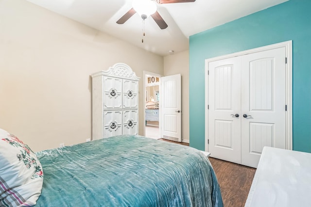 17915 Tall Chestnut St, Cypress, TX 77429 - bedroom featuring dark wood-type flooring, a closet, and ceiling fan
