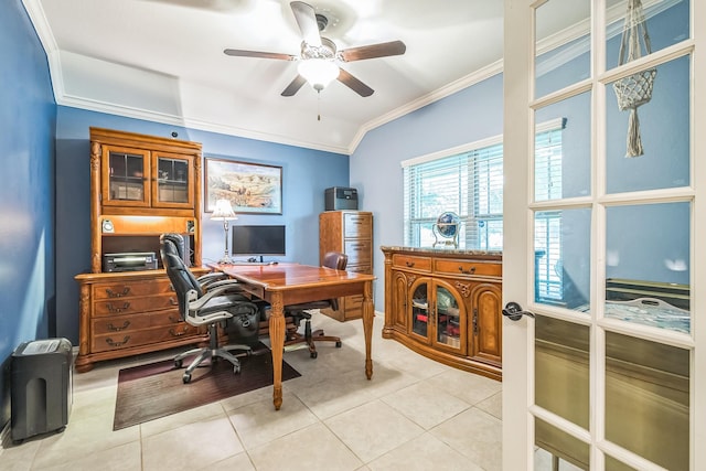 17915 Tall Chestnut St, Cypress, TX 77429 - office space featuring crown molding, ceiling fan, and light tile patterned floors