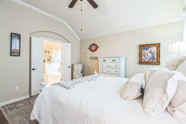 17915 Tall Chestnut St, Cypress, TX 77429 - bedroom featuring ornamental molding, baseboards, lofted ceiling, ceiling fan, and ensuite bathroom