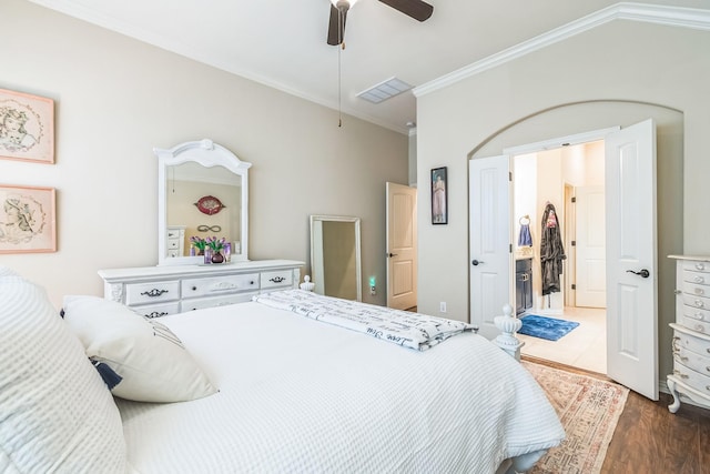 17915 Tall Chestnut St, Cypress, TX 77429 - bedroom featuring crown molding, wood finished floors, ceiling fan, and lofted ceiling
