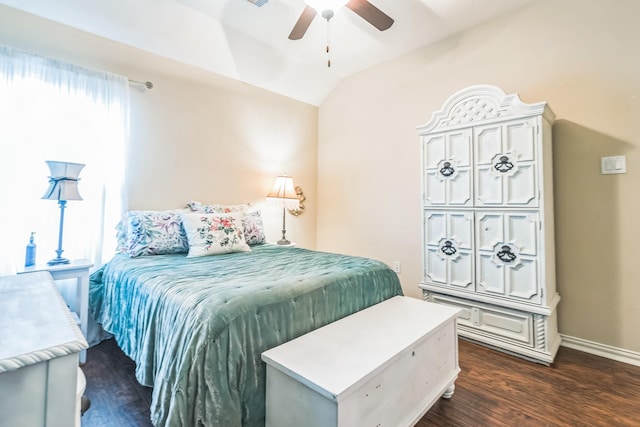 17915 Tall Chestnut St, Cypress, TX 77429 - bedroom with lofted ceiling, dark wood-style floors, baseboards, and a ceiling fan