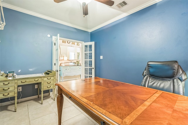 17915 Tall Chestnut St, Cypress, TX 77429 - tiled office with ornamental molding, ceiling fan, and french doors