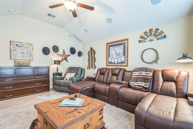 17915 Tall Chestnut St, Cypress, TX 77429 - carpeted living area featuring vaulted ceiling and a ceiling fan