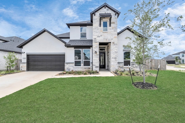 21118 Chelton Beach Dr, Cypress, TX 77433 - modern home with stone siding, stucco siding, concrete driveway, roof with shingles, and an attached garage