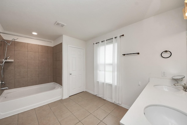 16350 Oakside Hollow Ln, Houston, TX 77084 - bathroom with tile patterned floors, shower / bath combination, baseboards, double vanity, and recessed lighting