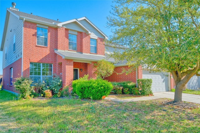6610 Autumn Sunset Ln, Spring, TX 77379 - traditional-style home featuring brick siding, a front yard, driveway, and an attached garage