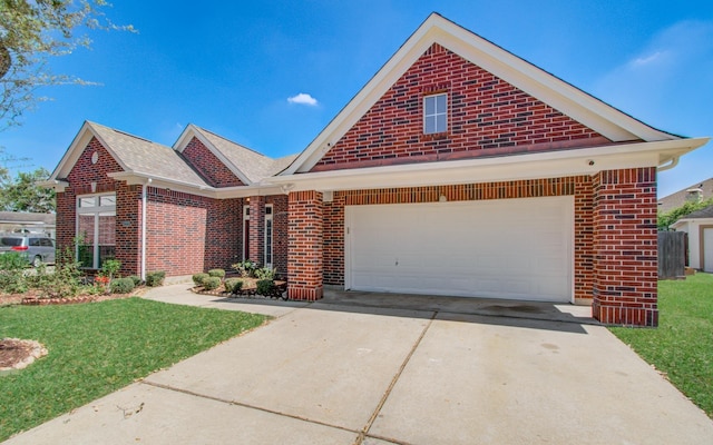 12223 Ayrshire Pl, Houston, TX 77089 - view of front of home with brick siding, driveway, a front lawn, roof with shingles, and an attached garage