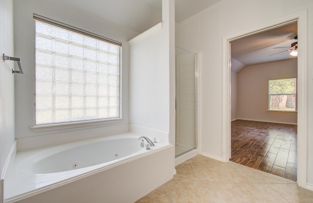 12223 Ayrshire Pl, Houston, TX 77089 - bathroom with a tub with jets, ceiling fan, a shower stall, tile patterned flooring, and lofted ceiling