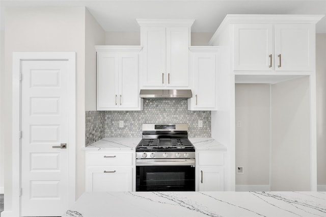 8022 Yoe St, Houston, TX 77078 - kitchen featuring gas stove, ventilation hood, white cabinets, decorative backsplash, and light stone countertops