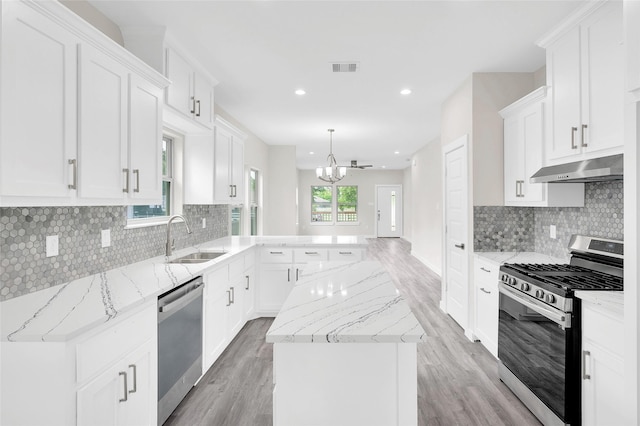 8022 Yoe St, Houston, TX 77078 - kitchen with appliances with stainless steel finishes, a sink, under cabinet range hood, a peninsula, and light wood-style floors