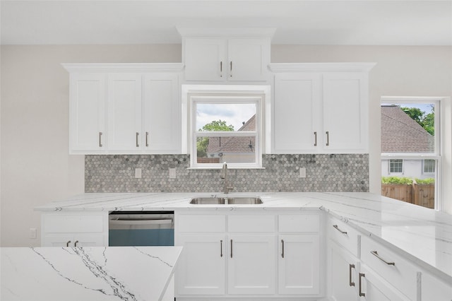 8022 Yoe St, Houston, TX 77078 - kitchen with a sink, dishwashing machine, white cabinetry, and backsplash
