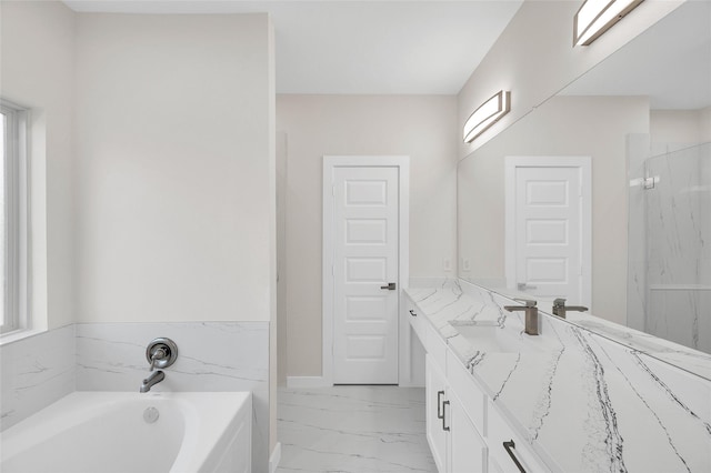 8022 Yoe St, Houston, TX 77078 - bathroom with vanity, a garden tub, marble look tile flooring, and a marble finish shower