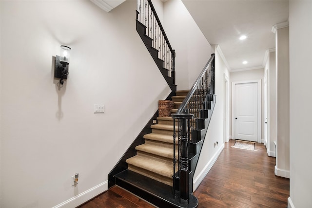 9 Copper Bottom Dr, Tomball, TX 77377 - staircase featuring ornamental molding, wood finished floors, baseboards, and recessed lighting