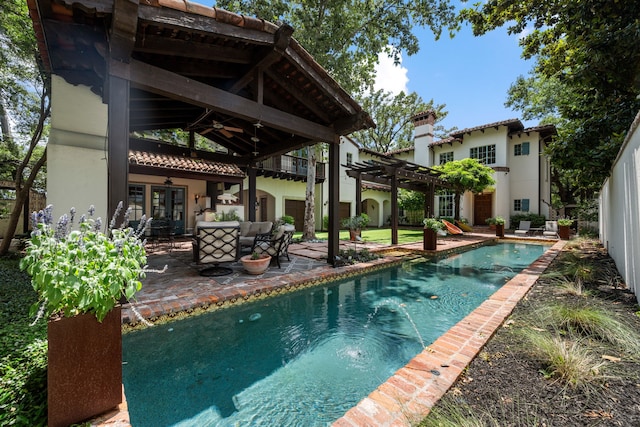 1915 Kirby Dr, Houston, TX 77019 - swimming pool featuring a pergola, a ceiling fan, a patio area, french doors, and an outdoor hangout area