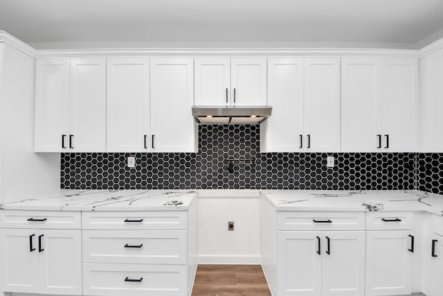 5046 Muske Ln, Brookshire, TX 77423 - kitchen with under cabinet range hood, light stone countertops, white cabinets, and decorative backsplash