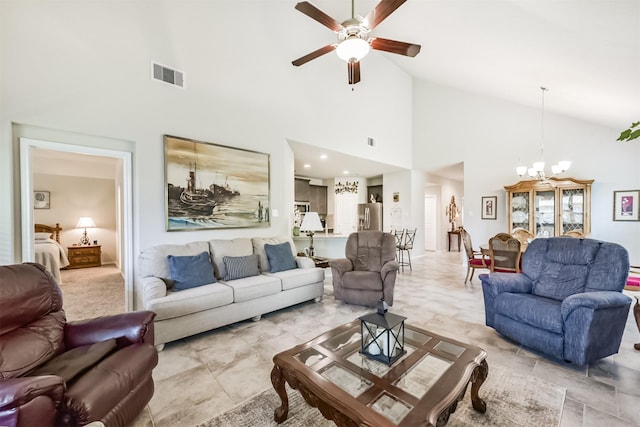 21579 Spear Valley Ln, Porter, TX 77365 - living room featuring a chandelier, a ceiling fan, and high vaulted ceiling