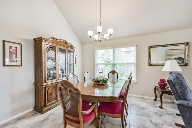 21579 Spear Valley Ln, Porter, TX 77365 - dining space with a chandelier, vaulted ceiling, baseboards, and light tile patterned flooring