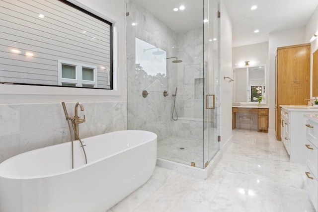 1526 Wakefield Dr, Houston, TX 77018 - full bathroom with vanity, a marble finish shower, marble tiled flooring, a soaking tub, and recessed lighting